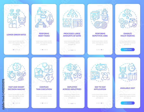 Artificial intelligence blue gradient onboarding mobile app screen set. Advantage walkthrough 5 steps instructions pages with linear concepts. UI, UX, GUI template. Myriad Pro-Bold, Regular fonts used