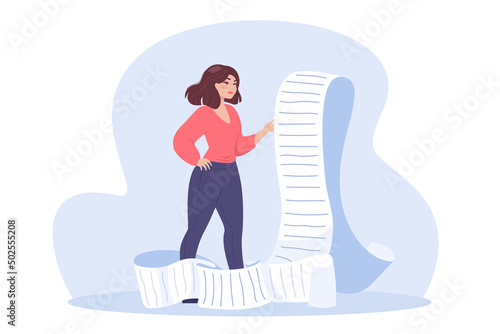 Cartoon woman checking long bill or list of tasks. Female person with checklist, work report or shopping list in big paper scroll flat vector illustration. Time management, payment, shopping concept