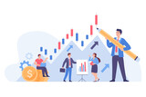 Company people with candlestick chart showing business growth. Graph as symbol for progress or achievements, promotion plan flat vector illustration. Finances, economy, stock market or trade concept