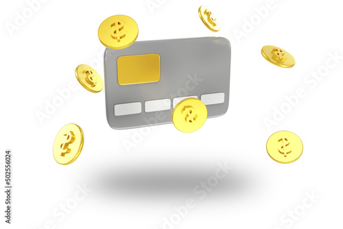 Bank card and floating coins around on white background. 3d render