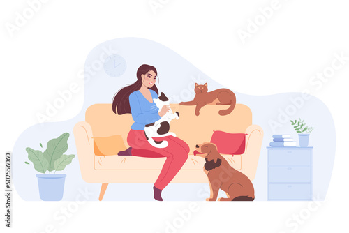 Happy cartoon woman playing with pets on sofa at home. Owner of dogs and cat smiling and relaxing on couch in cozy room flat vector illustration. Domestic animals, love, care concept for banner