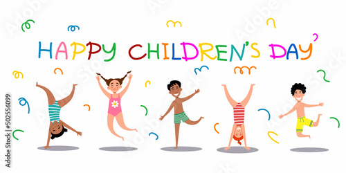Children s Day card. Cheerful children jump in swimsuits. Vector illustration in a flat style