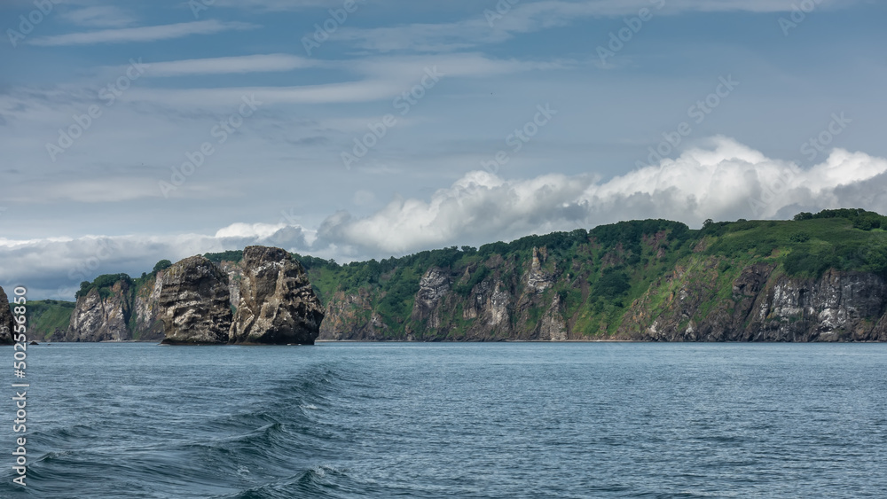 The picturesque coast of Kamchatka against the background of blue sky and clouds. There is green vegetation on the coastal hills. Sheer cliffs rise above the water. Avacha Bay.