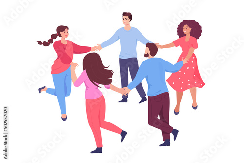People of different nationalities holding hands. Multicultural persons round dancing together flat vector illustration. International communication, friendship concept for banner, website design
