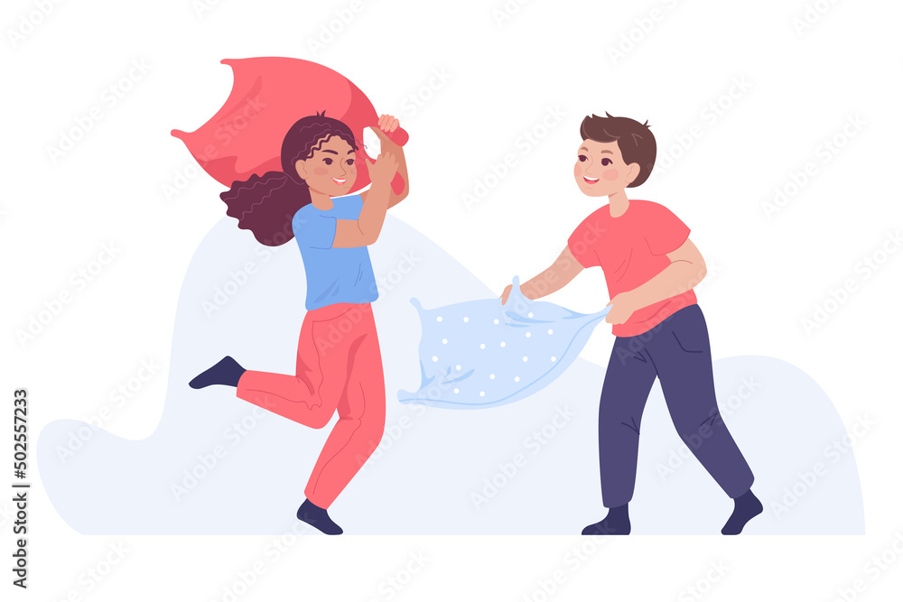 Adorable kids having fun together while fighting using pillows. Boy and girl characters having pillow fight in pajamas flat vector illustration. Childhood, leisure, free time concept for banner Adorable kids having fun together while fighting using pillows. Boy and girl characters having pillow fight in pajamas flat vector illustration. Childhood, leisure, free time concept for banner