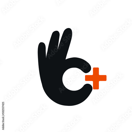 Vector illustration of hands palm with plus sign. Icon of advantage and benefit. Symbol of healthcare.
