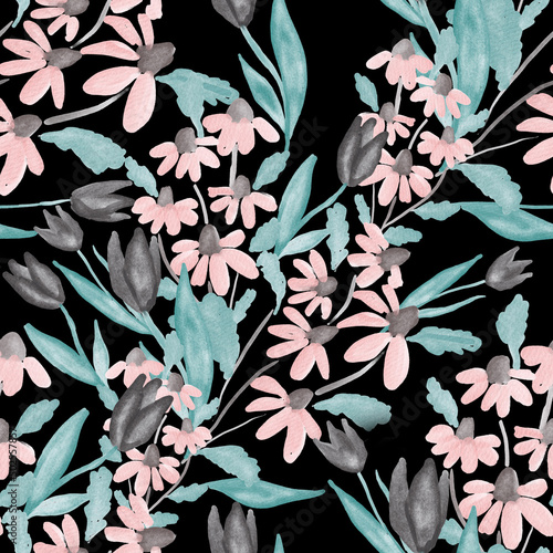 Watercolor seamless pattern with spring floral bouquets. Vintage botanical il...