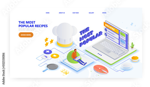 Popular food recipes, landing page design, website banner vector template. Online recipes, cooking books.