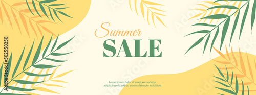 Summer sale vector long yellow banner with palm leaves. Minimal banner for social media advertisement, Facebook header,