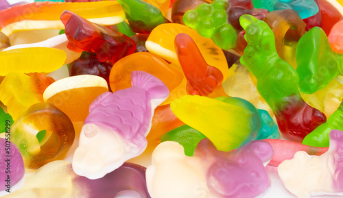 Assorted jelly sweets, mixed colorful gummy candies photo