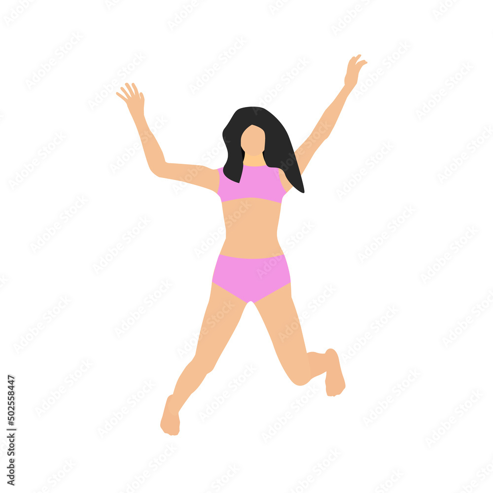 Girl in pink lingerie jump raising her hands up isolated on white background. Flat style. Vector illustration.