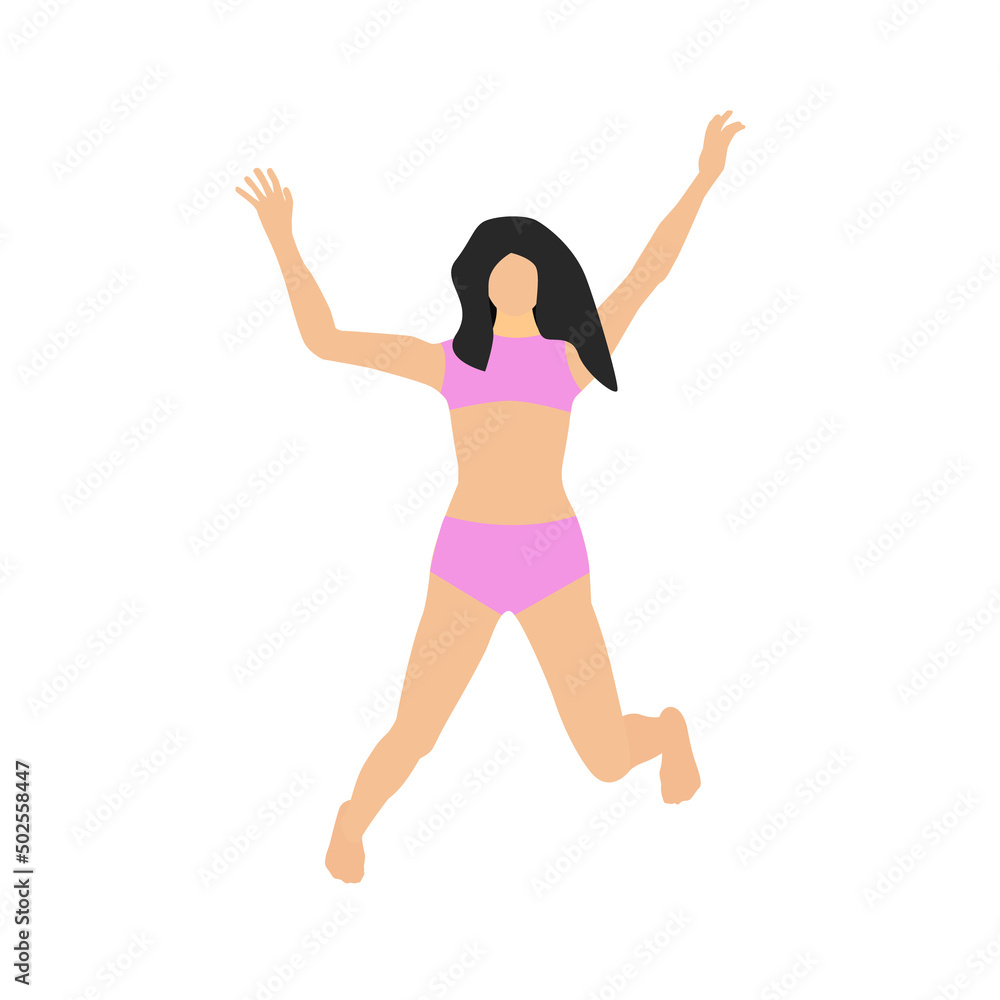 Girl in pink lingerie jump raising her hands up isolated on white background. Flat style. Vector illustration. Girl in pink lingerie jump raising her hands up isolated on white background. Flat style. Vector illustration.