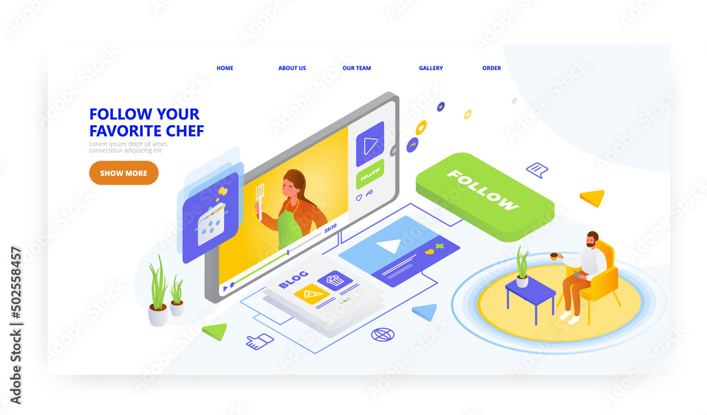 Chef blogger cooking online, landing page design, website banner vector template. Food blogging, video classes, recipes.