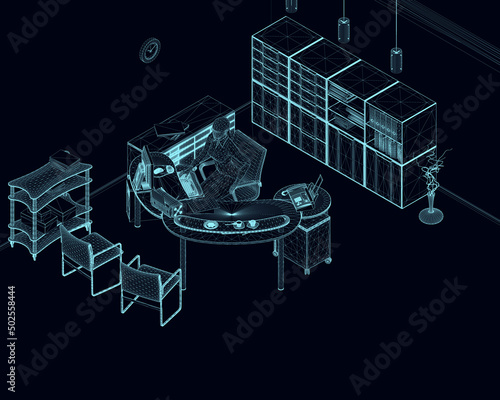 Office wireframe with a working girl at a computer from blue lines isolated on a dark background. Isometric view. Vector illustration.