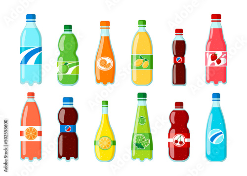 Bottles of different fizzy drinks vector illustrations set. Soda, water, juice in plastic or glass bottles, beverages with different flavors isolated on white background. Beverage, refreshment concept