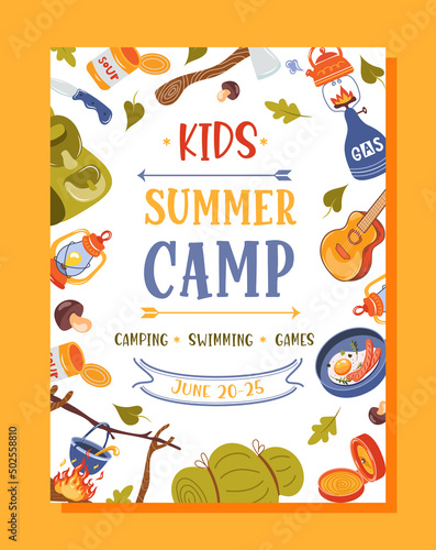Summer camp concept Camping and Travelling on holiday with different equipment such as tent, backpack and others. Poster in flat style, vector illustration.