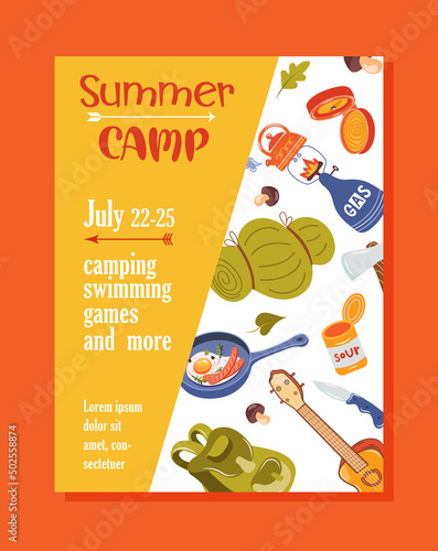 Summer camp concept Camping and Travelling on holiday with different equipment such as tent, backpack and others. Poster in flat style, vector illustration.