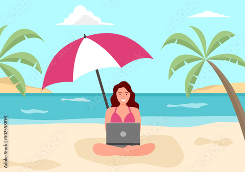 Woman working with computer at the beach in flat design. Laptop vacation.