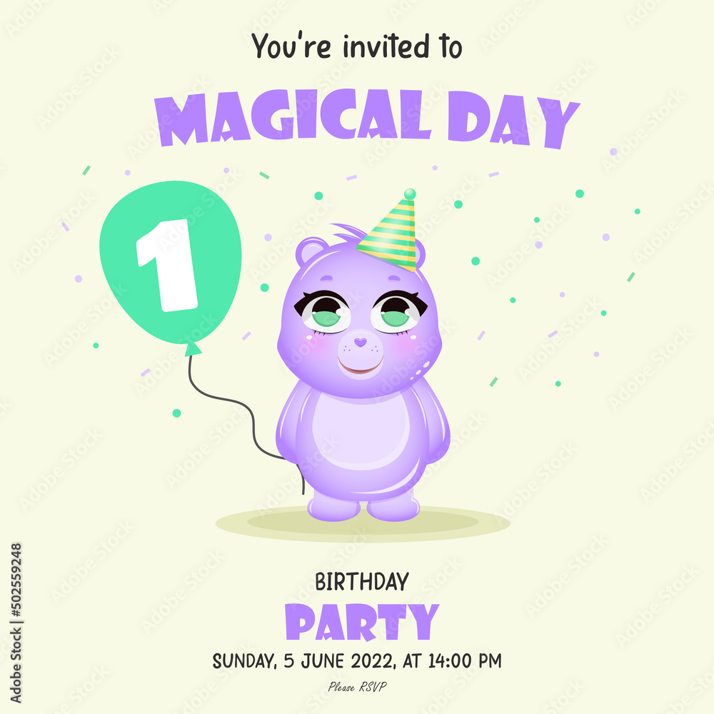 Cute little bear. Baby birthday invitation. 1 year