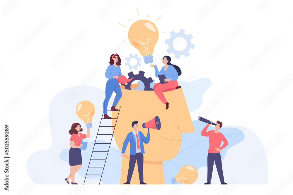 Head full of ideas and tiny people brainstorming together. Creative office persons with bulbs doing research flat vector illustration. Creativity, teamwork, innovation, education, imagination concept
