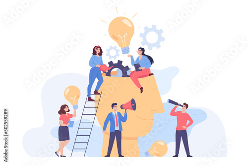 Head full of ideas and tiny people brainstorming together. Creative office persons with bulbs doing research flat vector illustration. Creativity  teamwork  innovation  education  imagination concept