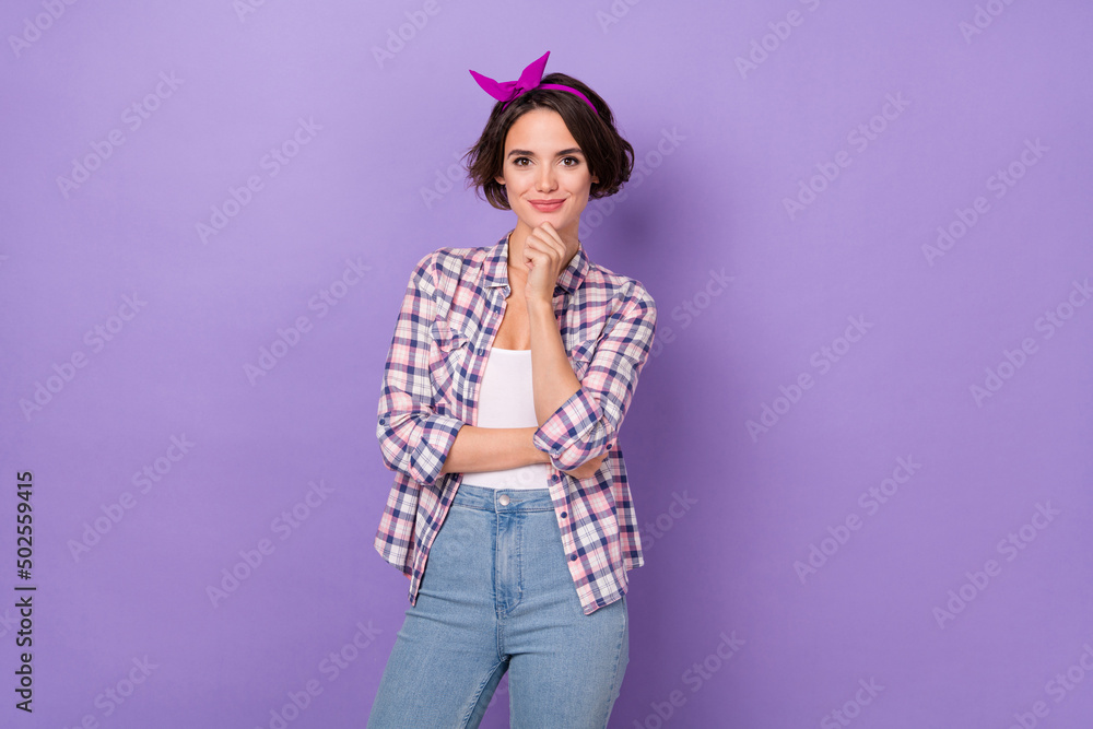 Photo of young adorable woman hand touch chin think housewife fifties isolated over violet color background Photo of young adorable woman hand touch chin think housewife fifties isolated over violet color background