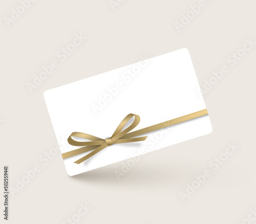 White gift voucher with golden ribbons and bows. Template for a festive gift coupon, invitation and certificate. Vector Illustration