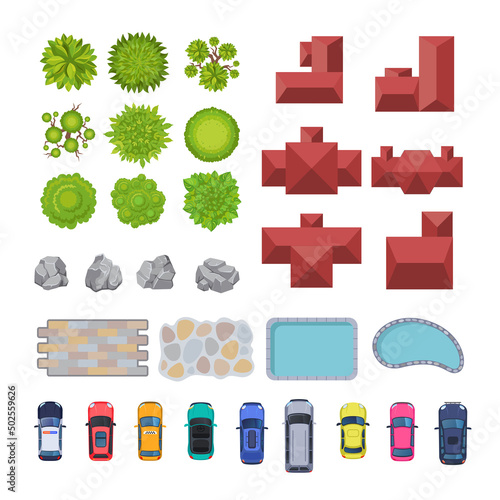 Top view of city elements for scheme vector illustrations set. Aerial view of cars, houses, trees, plants, street or park elements for cityscape plan or map. Landscape design, architecture concept