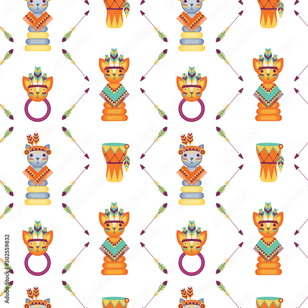 Seamless pattern in bohemian ethnic style with toys, arrows and drums on a white background. Vector ornament in American Indian style. Seamless pattern in bohemian ethnic style with toys, arrows and drums on a white background. Vector ornament in American Indian style.