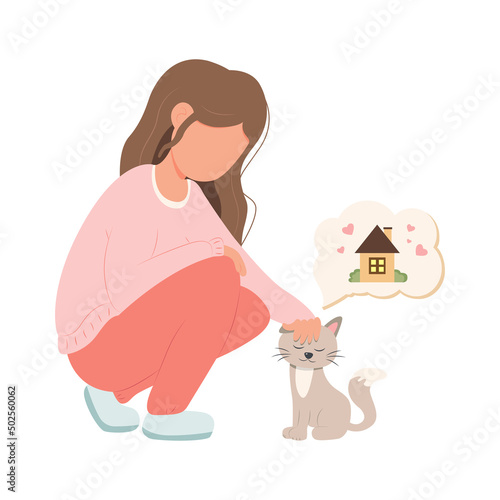 illustration template, a young girl stroking a stray cat who dreams of finding a home