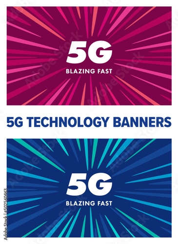 5th Generation Mobile Networks Vector Design, for ads, banners and web. 5G Blazing Fast Technology Banners. Fast Internet Downloads on Mobile Phones.
