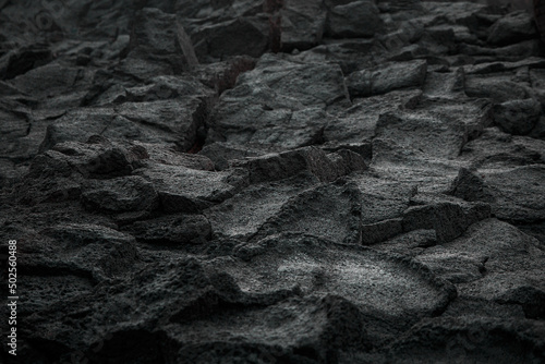Volcanic rock black texture close up.