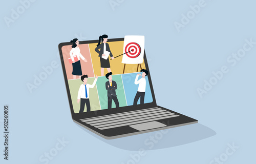 Remote working, business team online meeting for planning to achieve target, group discussion through video conferencing program concept. Boss and staffs appearing on laptop screen for work meeting.