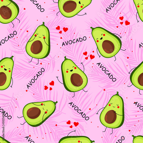 Seamless pattern with cute avocados. Print for clothing, textiles.  Avocado Friends with Fashion Vector Seamless Pattern.