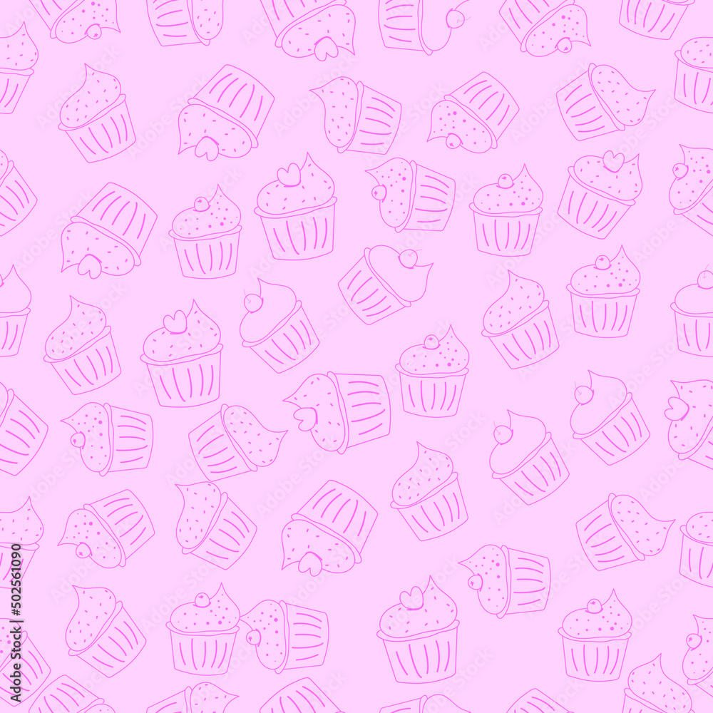 Seamless pink line style cupcake pattern. Food Seamless pink line style cupcake pattern. Food