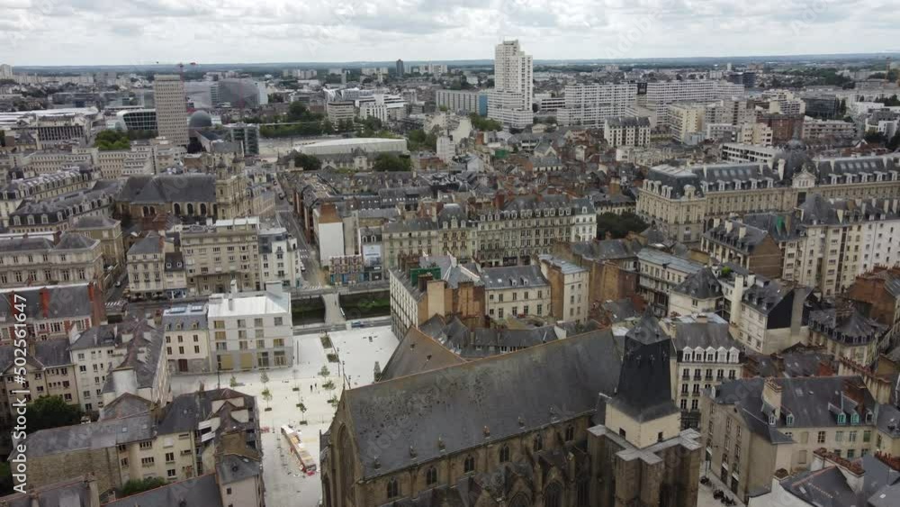 Saint Germain church and cityscape, Rennes in France. Aerial circling Saint Germain church and cityscape, Rennes in France. Aerial circling