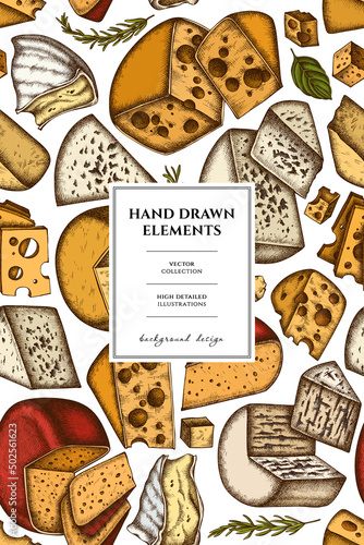 Cheese pattern card design. Hand drawn brie, gouda cheese, roquefort, etc.
