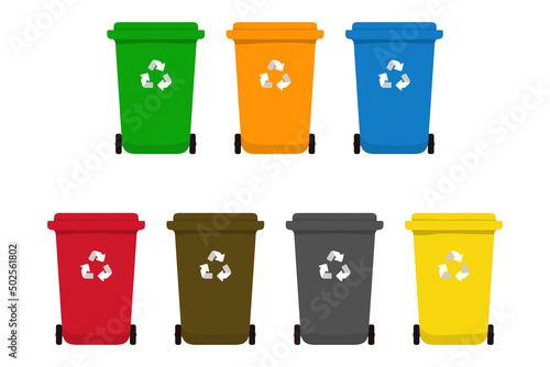 Dumpster bins for cardboard, plastic, no recycling, paper, hazardous, organic and glass.