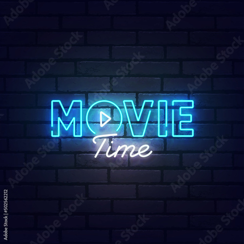 Movie neon sign, bright signboard, light banner. Movie Time logo neon, emblem. Vector illustration
