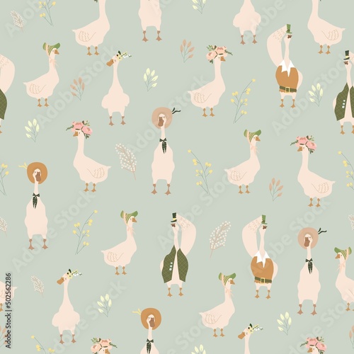 Seamless Pattern with Cartoon Gooses and Flowers