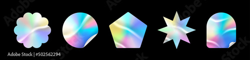 Holographic stickers. Hologram labels of different shapes. Sticker shapes for design mockups. Holographic textured stickers for preview tags, labels. Vector illustration