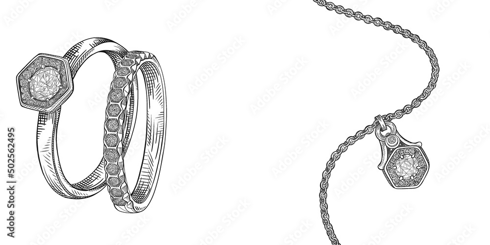 Jewelry. Chain and ring with precious stones. Sketch of hand drawn jewelry.  Drawing for advertising and creativity. Stock Illustration | Adobe Stock