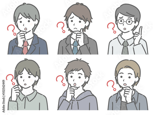 疑問に思う若い男性の斜め向き上半身セット