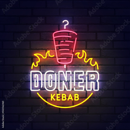 Doner neon sign, bright signboard, light banner. Doner Kebab logo neon, emblem. Vector illustration