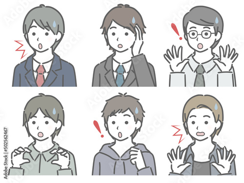 驚く若い男性の斜め向き上半身セット