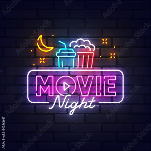 Movie neon sign, bright signboard, light banner. Movie Night logo neon, emblem. Vector illustration