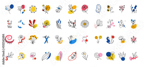 Wallpaper Mural Tiny Botanical elements with abstract paint. Line leaves and flowers, logo emblem or label, contemporary objects, minimal style decor doodle for branding, wedding invitation design vector set Torontodigital.ca