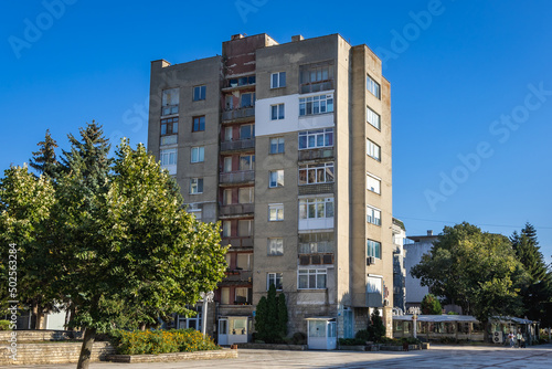 Old apartment building in center of Kavarna city in Bulgaria photo
