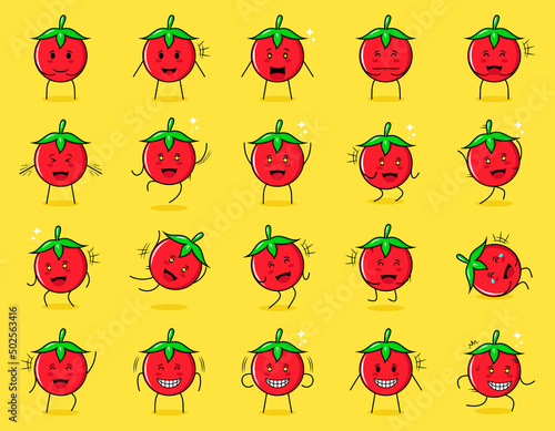 collection of cute tomato cartoon character with happy and smile expressions. suitable for emoticon, logo, symbol and mascot