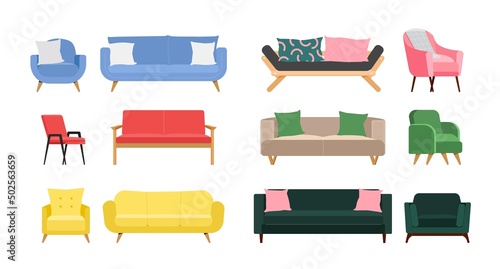 Set of different sofas and armchairs for living room design. Vector illustration in flat style isolated on white background